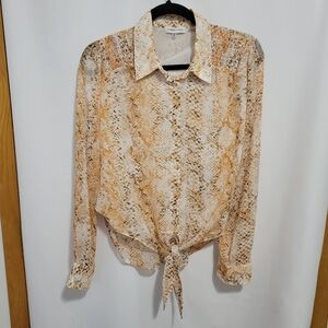 Calvin Klein Cream/Coral Snake Print Tie-Front L/S Blouse, Size M